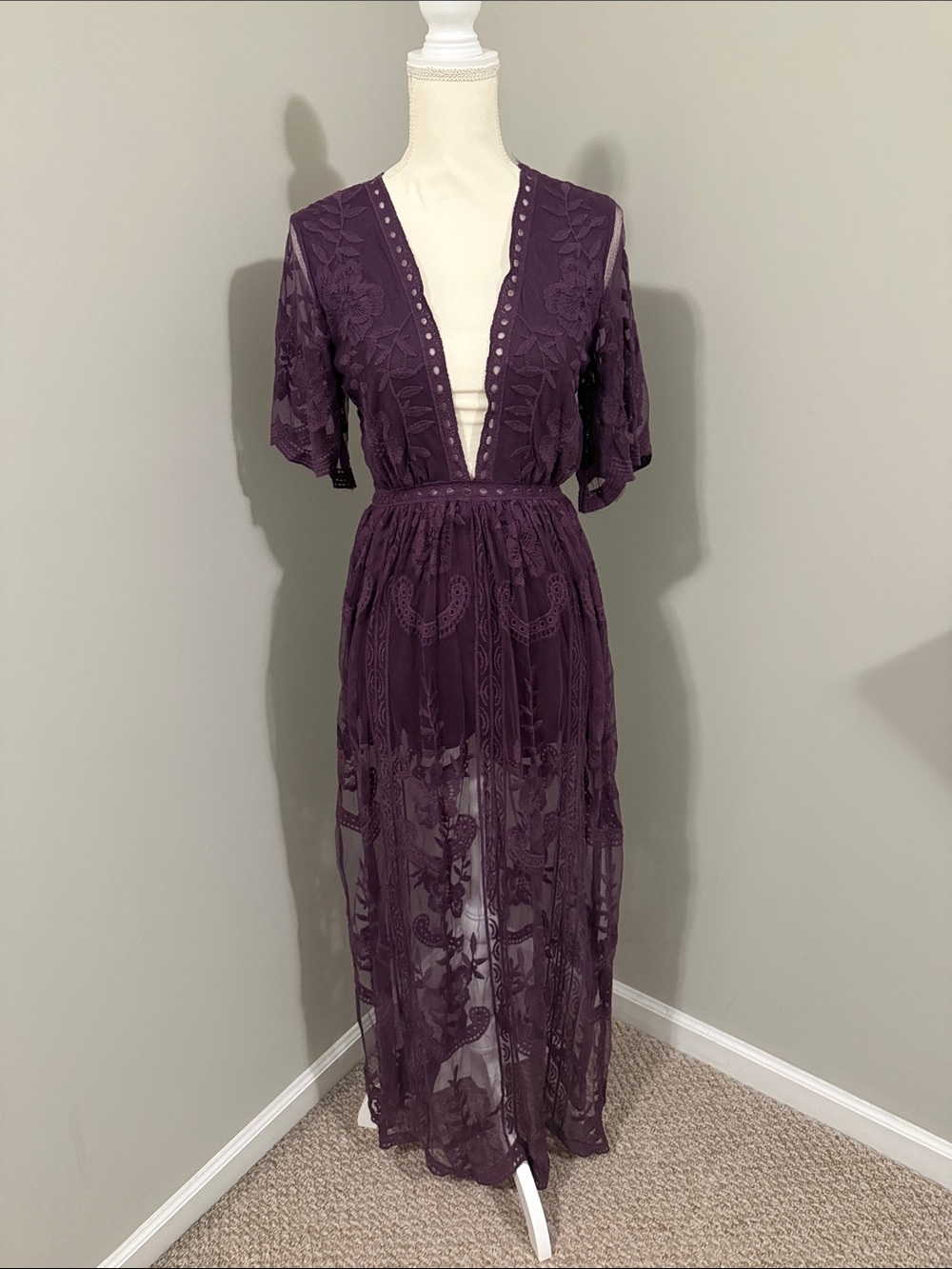 Sheer Embroidered Maxi Romper in Deep Plum